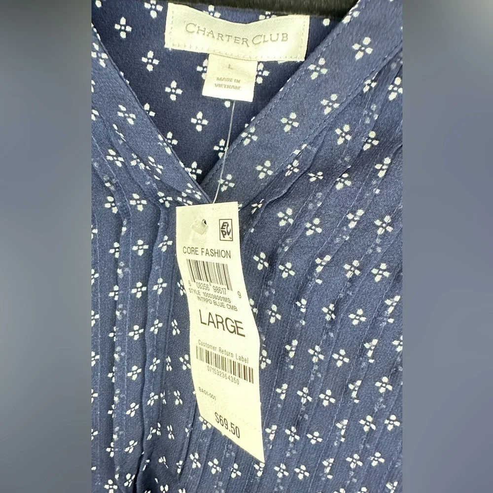 Charter Club New Blue & White Print Blouse Sheer Front Overlay Ruffle Sleeve, L - Picture 2 of 5